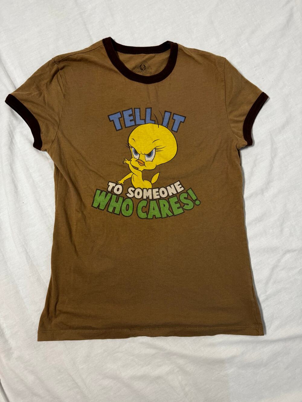 Y2K Looney Tunes Tweety Bird Brown Ringer Tee Cotton Juniors Large